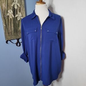 Soft Surroundings Top Blouse Blue Zippered Tabbed Sleeve Large